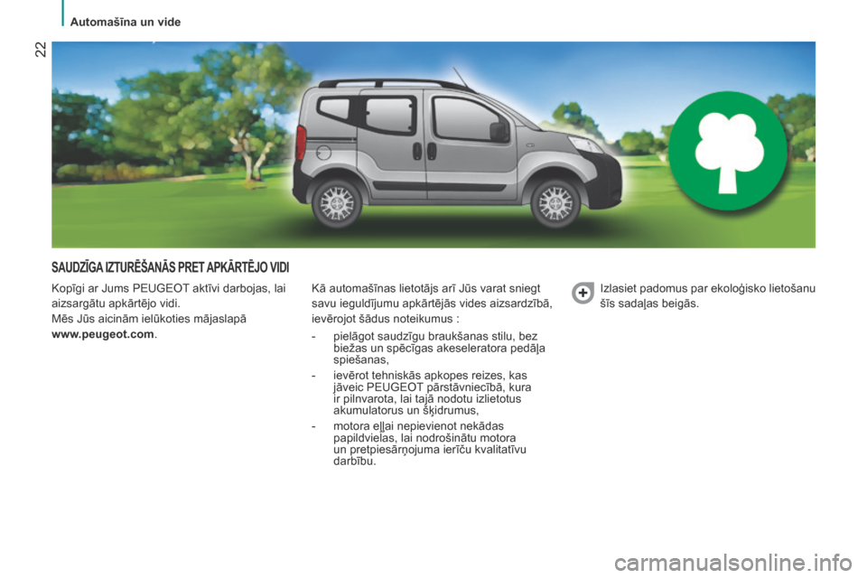 Peugeot Bipper 2015 Īpašnieka rokasgrāmata (in Latvian) 22
Bipper_lv_Chap02_eco-conduite_ed02-2014
SAUDZĪGA IZTUR ē ŠANĀS PRET APKĀRT ē JO VIDI
Kopīgi ar Jums pEUGEOT aktīvi darbojas, lai
aizsargātu apkārtējo vidi.
Mēs Jūs aicinām iel Peugeot Bipper 2015 Īpašnieka rokasgrāmata (in Latvian) 22
Bipper_lv_Chap02_eco-conduite_ed02-2014
SAUDZĪGA IZTUR ē ŠANĀS PRET APKĀRT ē JO VIDI
Kopīgi ar Jums pEUGEOT aktīvi darbojas, lai
aizsargātu apkārtējo vidi.
Mēs Jūs aicinām iel