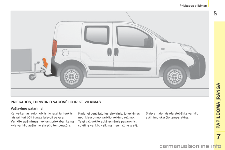 Peugeot Bipper 2015 Savininko vadovas (in Lithuanian) 137
Bipper_lt_Chap07_accessoire_ed02-2014
PRIEKABOS, TURISTINIO VAGONĖLIO IR KT. VILKIMAS
Važiavimo patarimai
kadangi ventiliatorius elektrinis, jo veikimas
nepriklauso nuo variklio veikimo režim Peugeot Bipper 2015 Savininko vadovas (in Lithuanian) 137
Bipper_lt_Chap07_accessoire_ed02-2014
PRIEKABOS, TURISTINIO VAGONĖLIO IR KT. VILKIMAS
Važiavimo patarimai
kadangi ventiliatorius elektrinis, jo veikimas
nepriklauso nuo variklio veikimo režim