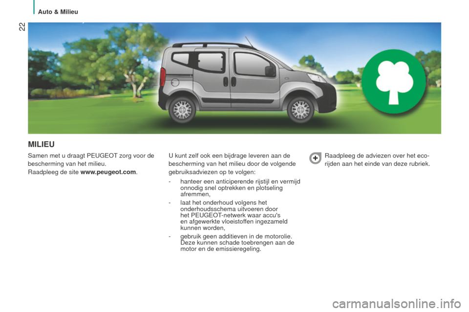 Peugeot Bipper 2015  Handleiding (in Dutch)  22
Bipper_nl_Chap02_eco-conduite_ed02-2014
MILIEU
Samen met u draagt PeUGeOT zorg voor de 
bescherming van het milieu.
Raadpleeg de site  www
.peugeot.com. U kunt zelf ook een bijdrage leveren aan de
