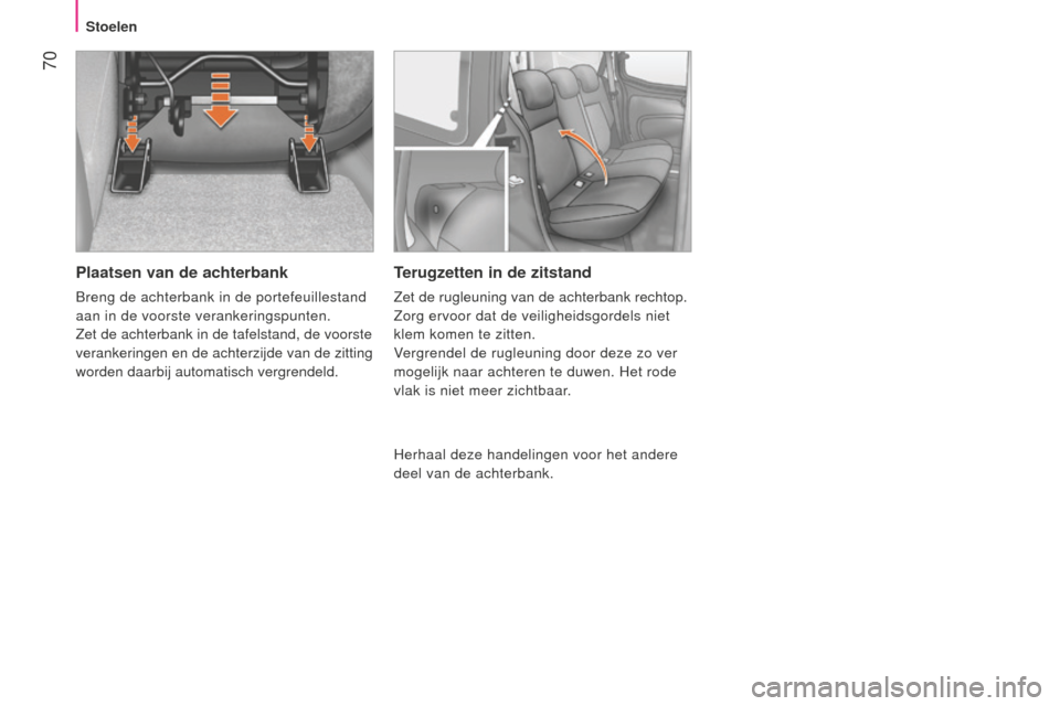 Peugeot Bipper 2015 Handleiding (in Dutch) 70
Bipper_nl_Chap04_ergonomie_ed02-2014
Plaatsen van de achterbank
Breng de achterbank in de portefeuillestand
aan in de voorste verankeringspunten.
Zet de achterbank in de tafelstand, de voorste
v Peugeot Bipper 2015 Handleiding (in Dutch) 70
Bipper_nl_Chap04_ergonomie_ed02-2014
Plaatsen van de achterbank
Breng de achterbank in de portefeuillestand
aan in de voorste verankeringspunten.
Zet de achterbank in de tafelstand, de voorste
v