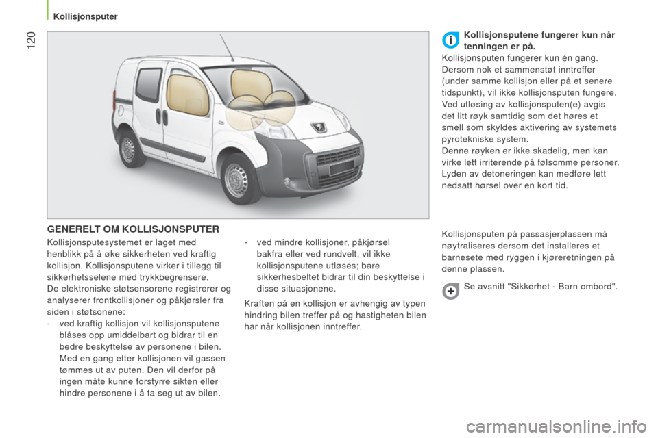 Peugeot Bipper 2015 Brukerhåndbok (in Norwegian) 120
Bipper_no_Chap06_securite_ed02-2014
GENERELT OM KOLLISJONSPUTER
kollisjonsputesystemet er laget med
henblikk på å øke sikkerheten ved kraftig
kollisjon.
k ollisjonsputene virker i tillegg Peugeot Bipper 2015 Brukerhåndbok (in Norwegian) 120
Bipper_no_Chap06_securite_ed02-2014
GENERELT OM KOLLISJONSPUTER
kollisjonsputesystemet er laget med
henblikk på å øke sikkerheten ved kraftig
kollisjon.
k ollisjonsputene virker i tillegg