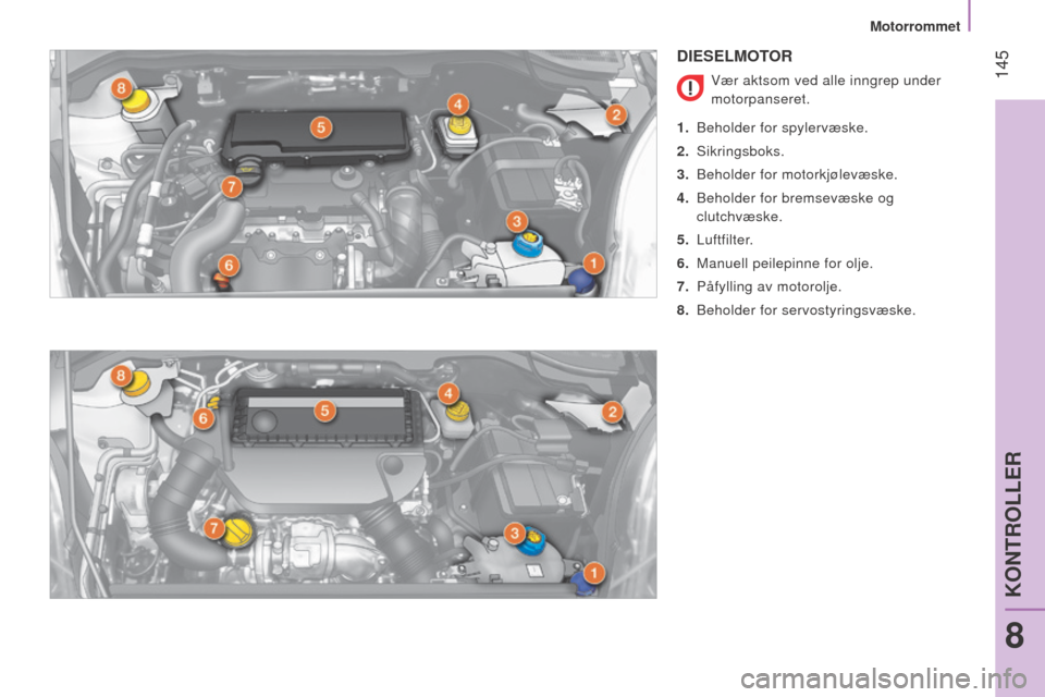 Peugeot Bipper 2015 Brukerhåndbok (in Norwegian) 145
Bipper_no_Chap08_verifications_ed02-2014
DIESELMOTOR
Vær aktsom ved alle inngrep under
motorpanseret.
1.
Beholder for spylervæske.
2.
Sikringsboks.
3.
Beholder for motorkjølevæske.
4. Peugeot Bipper 2015 Brukerhåndbok (in Norwegian) 145
Bipper_no_Chap08_verifications_ed02-2014
DIESELMOTOR
Vær aktsom ved alle inngrep under
motorpanseret.
1.
Beholder for spylervæske.
2.
Sikringsboks.
3.
Beholder for motorkjølevæske.
4.