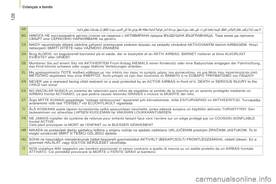 Peugeot Bipper 2015  Manual do proprietário (in Portuguese) AR
BG
НИКОГА НЕ инсталирайте детско столче на седалка с АКТИВИРАНА предна ВЪЗДУШНА ВЪЗГЛАВНИЦА. Това може да пр