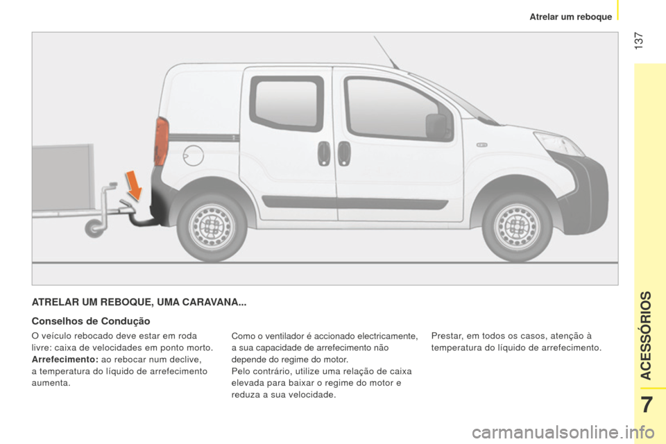 Peugeot Bipper 2015 Manual do proprietário (in Portuguese) 137
Bipper_pt_Chap07_accessoire_ed02-2014
ATRELAR UM REBOQUE, UMA CARAVANA...
Conselhos de Condução
Como o ventilador é accionado electricamente,
a sua capacidade de arrefecimento não
depende d Peugeot Bipper 2015 Manual do proprietário (in Portuguese) 137
Bipper_pt_Chap07_accessoire_ed02-2014
ATRELAR UM REBOQUE, UMA CARAVANA...
Conselhos de Condução
Como o ventilador é accionado electricamente,
a sua capacidade de arrefecimento não
depende d