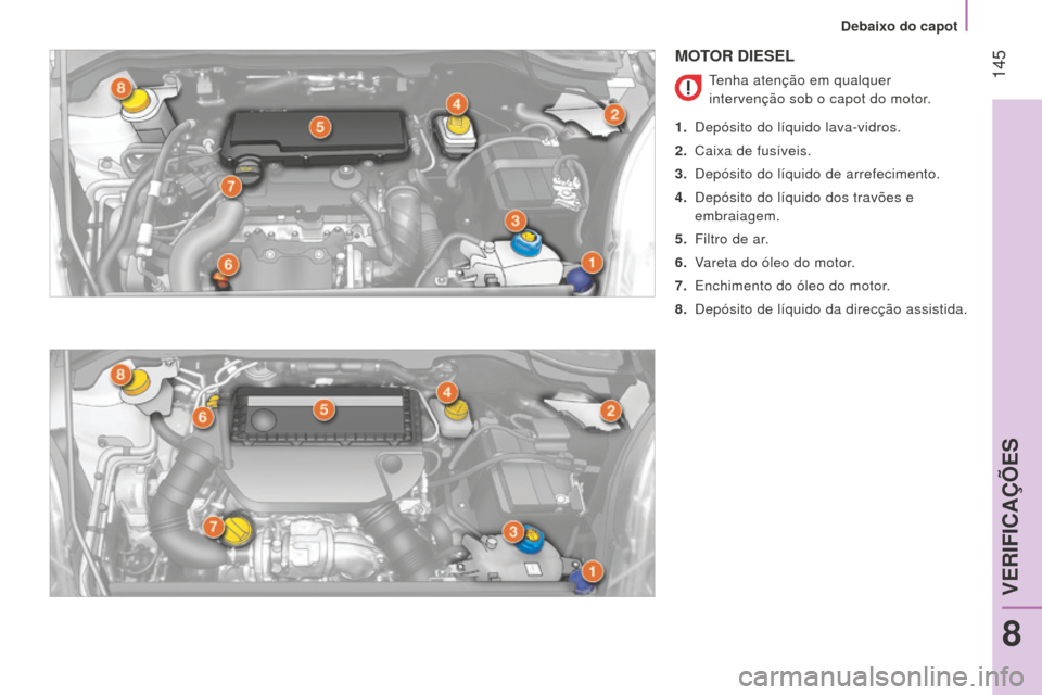 Peugeot Bipper 2015 Manual do proprietário (in Portuguese) 145
Bipper_pt_Chap08_verifications_ed02-2014
MOTOR DIESEL
Tenha atenção em qualquer
intervenção sob o capot do motor.
1.
d
epósito do líquido lava-vidros.
2.
Caixa de fusíveis.
3.
d
ep Peugeot Bipper 2015 Manual do proprietário (in Portuguese) 145
Bipper_pt_Chap08_verifications_ed02-2014
MOTOR DIESEL
Tenha atenção em qualquer
intervenção sob o capot do motor.
1.
d
epósito do líquido lava-vidros.
2.
Caixa de fusíveis.
3.
d
ep