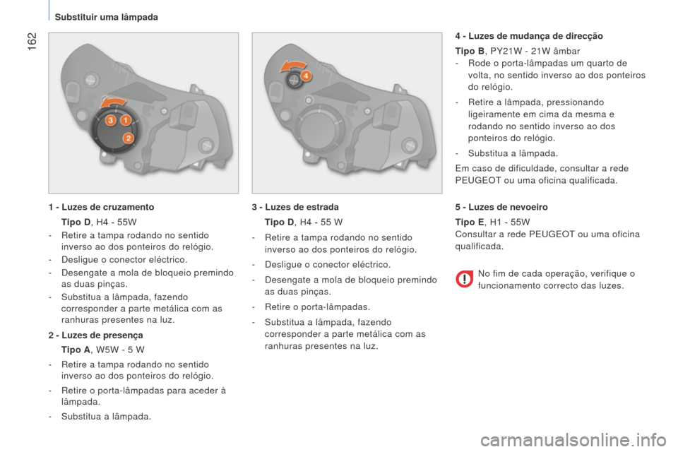 Peugeot Bipper 2015  Manual do proprietário (in Portuguese)  162
Bipper_pt_Chap09_aide-rapide_ed02-2014
1 - Luzes de cruzamento
 T
ipo D, H4   - 55W
-
 
Retire a tampa rodando no sentido
  
inverso ao dos ponteiros do relógio.
-
  d esligue o conector eléctr
