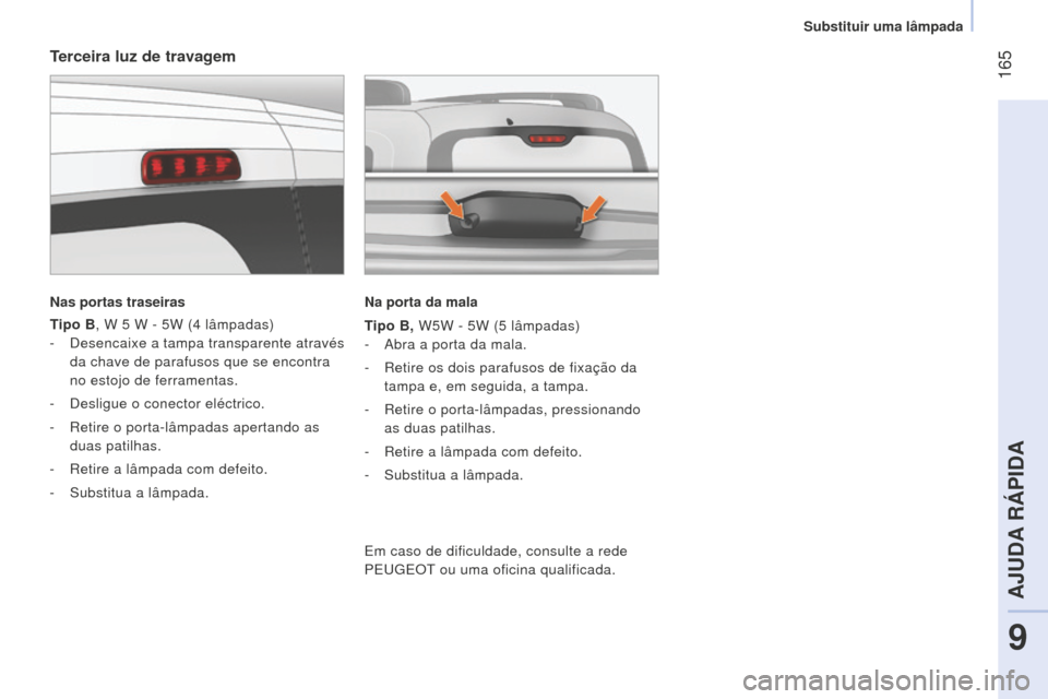 Peugeot Bipper 2015  Manual do proprietário (in Portuguese)  165
Bipper_pt_Chap09_aide-rapide_ed02-2014
Terceira luz de travagem
Nas portas traseiras
Tipo B, W 5  W - 5W (4   lâmpadas)
-
  d esencaixe a tampa transparente através 
da chave de parafusos que s