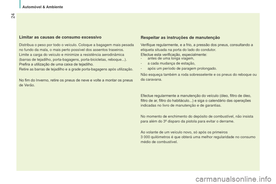 Peugeot Bipper 2015 Manual do proprietário (in Portuguese) 24
Bipper_pt_Chap02_eco-conduite_ed02-2014
Limitar as causas de consumo excessivo
distribua o peso por todo o veículo. Coloque a bagagem mais pesada
no fundo da mala, o mais perto possível dos ass Peugeot Bipper 2015 Manual do proprietário (in Portuguese) 24
Bipper_pt_Chap02_eco-conduite_ed02-2014
Limitar as causas de consumo excessivo
distribua o peso por todo o veículo. Coloque a bagagem mais pesada
no fundo da mala, o mais perto possível dos ass