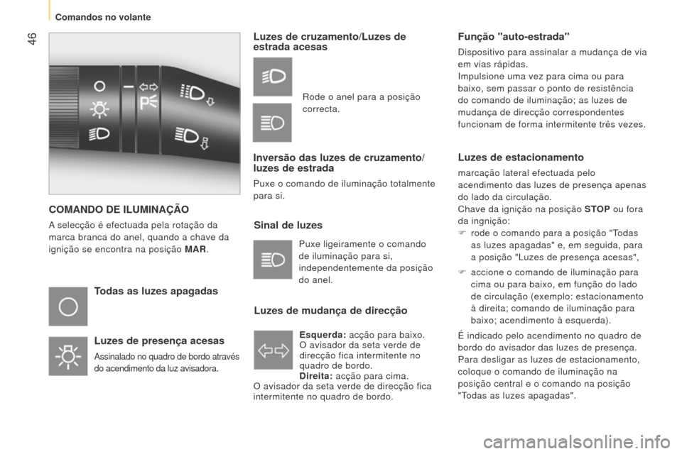 Peugeot Bipper 2015 Manual do proprietário (in Portuguese) 46
Bipper_pt_Chap03_pret-a-partir_ed02-2014
COMANDO DE ILUMINAÇÃO
A selecção é efectuada pela rotação da
marca branca do anel, quando a chave da
ignição se encontra na posição MAR.
Todas Peugeot Bipper 2015 Manual do proprietário (in Portuguese) 46
Bipper_pt_Chap03_pret-a-partir_ed02-2014
COMANDO DE ILUMINAÇÃO
A selecção é efectuada pela rotação da
marca branca do anel, quando a chave da
ignição se encontra na posição MAR.
Todas