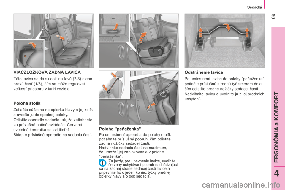 Peugeot Bipper 2015 Užívateľská príručka (in Slovak) 69
Bipper_sk_Chap04_ergonomie_ed02-2014
VIACZLOŽKOVÁ ZADNÁ LAVICA
Táto lavica sa dá sklopiť na ľavú (2/3) alebo
pravú časť (1/3), čím sa môže regulovať
veľkosť priestoru v kufri v Peugeot Bipper 2015 Užívateľská príručka (in Slovak) 69
Bipper_sk_Chap04_ergonomie_ed02-2014
VIACZLOŽKOVÁ ZADNÁ LAVICA
Táto lavica sa dá sklopiť na ľavú (2/3) alebo
pravú časť (1/3), čím sa môže regulovať
veľkosť priestoru v kufri v
