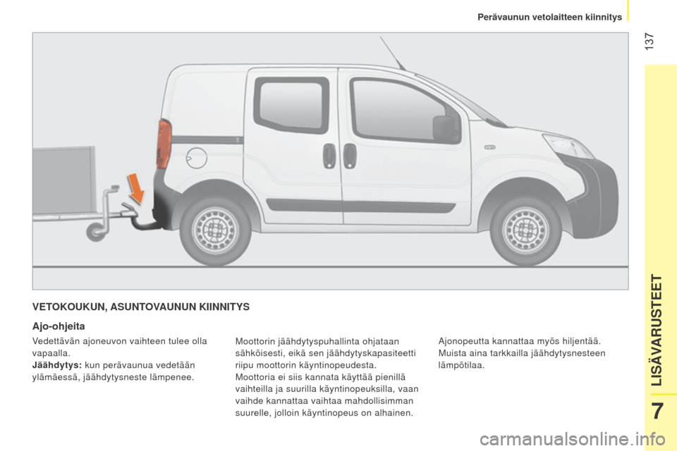 Peugeot Bipper 2015  Omistajan käsikirja (in Finnish)  137
Bipper_fi_Chap07_accessoire_ed02-2014
VETOKOUKUN, ASUNTOVAUNUN KIINNITYS
Ajo-ohjeita
Moottorin jäähdytyspuhallinta ohjataan 
sähköisesti, eikä sen jäähdytyskapasiteetti 
riipu moottorin k