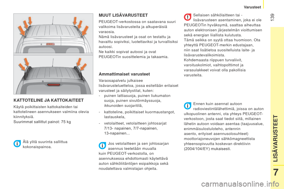 Peugeot Bipper 2015  Omistajan käsikirja (in Finnish)  139
Bipper_fi_Chap07_accessoire_ed02-2014
KATTOTELINE JA KATTOKAITEET
Käytä poikittaisten kattokaiteiden tai 
kattotelineen asennukseen valmiina olevia 
kiinnityksiä.
Suurimmat	 sallittut 	 painot