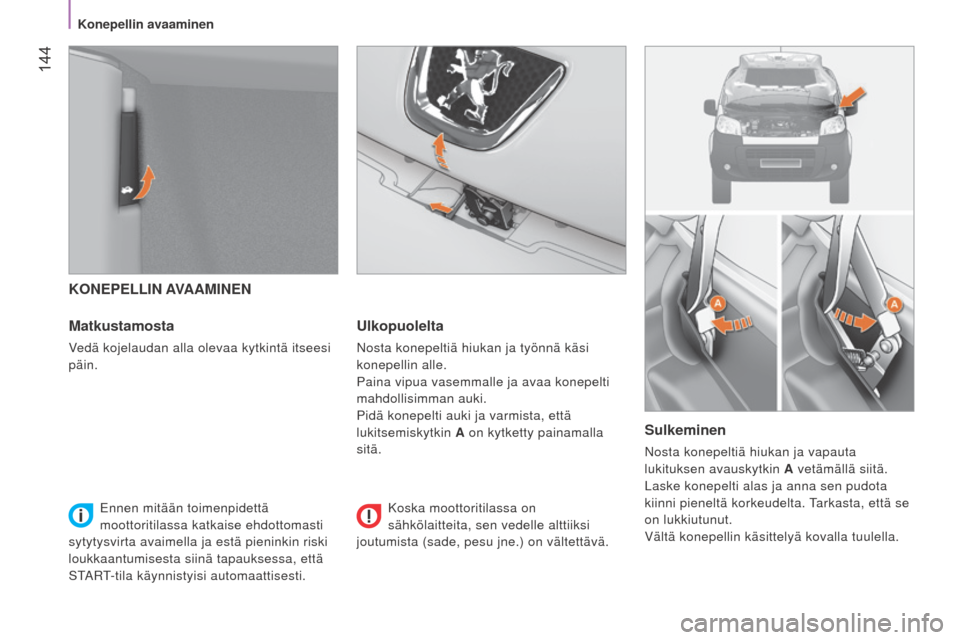 Peugeot Bipper 2015  Omistajan käsikirja (in Finnish)  144
Bipper_fi_Chap08_verifications_ed02-2014
KONEPELLIN AVAAMINEN
Matkustamosta
Vedä kojelaudan alla olevaa kytkintä itseesi 
päin.
Ulkopuolelta
Nosta konepeltiä hiukan ja työnnä käsi 
konepel
