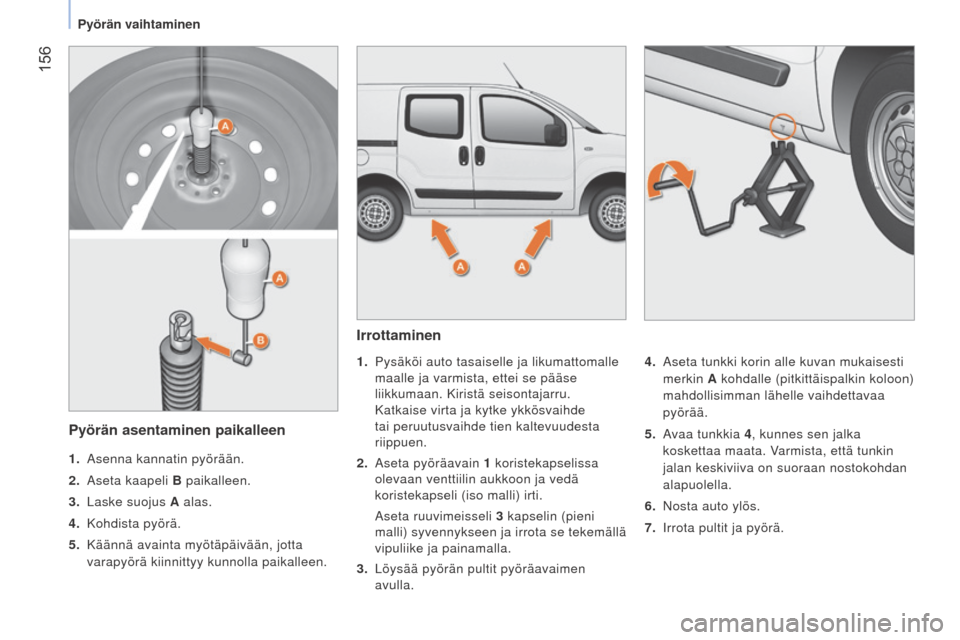 Peugeot Bipper 2015  Omistajan käsikirja (in Finnish)  156
Bipper_fi_Chap09_aide-rapide_ed02-2014
Irrottaminen
1. Pysäköi auto tasaiselle ja likumattomalle 
maalle ja varmista, ettei se pääse 
liikkumaan. Kiristä seisontajarru. 
Katkaise virta ja ky