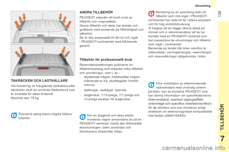 Peugeot Bipper 2015 Ägarmanual (in Swedish) 139
Bipper_sv_Chap07_accessoire_ed02-2014
TAKRÄCKEN OCH LASTHÅLLARE
Vid montering av tvärgående lasthållare eller
takräcken skall du använda fästbultarna som
är avsedda för detta ändamå Peugeot Bipper 2015 Ägarmanual (in Swedish) 139
Bipper_sv_Chap07_accessoire_ed02-2014
TAKRÄCKEN OCH LASTHÅLLARE
Vid montering av tvärgående lasthållare eller
takräcken skall du använda fästbultarna som
är avsedda för detta ändamå