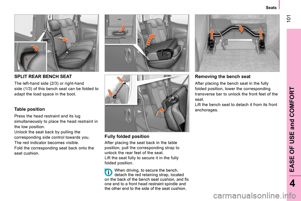 Peugeot Bipper 2014 Owners Manual 101
4
EASE OF USE and COMFORT
Seats
SPLIT REAR BENCH SEAT
The left-hand side (2/3) or right-hand
side (1/3) of this bench seat can be folded to
adapt the load space i Peugeot Bipper 2014 Owners Manual 101
4
EASE OF USE and COMFORT
Seats
SPLIT REAR BENCH SEAT
The left-hand side (2/3) or right-hand
side (1/3) of this bench seat can be folded to
adapt the load space i