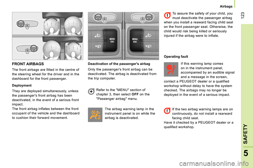Peugeot Bipper 2014 Owners Manual 123
5
SAFETY
Airbags
FRONT AIRBAGS
The front airbags are fitted in the centre of
the steering wheel for the driver and in the
dashboard for the front passenger.
Deployment
Peugeot Bipper 2014 Owners Manual 123
5
SAFETY
Airbags
FRONT AIRBAGS
The front airbags are fitted in the centre of
the steering wheel for the driver and in the
dashboard for the front passenger.
Deployment