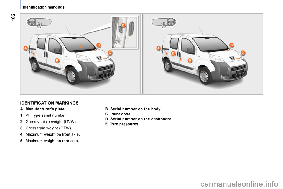 Peugeot Bipper 2014 User Guide 162
Identifi cation markings
IDENTIFICATION MARKINGS
A. Manufacturers plate
1. VF Type serial number.
2. Gross vehicle weight (GVW).
3. Gross train weigh Peugeot Bipper 2014 User Guide 162
Identifi cation markings
IDENTIFICATION MARKINGS
A. Manufacturers plate
1. VF Type serial number.
2. Gross vehicle weight (GVW).
3. Gross train weigh