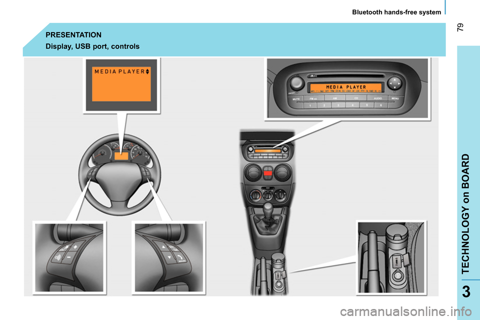 Peugeot Bipper 2014 Owners Manual 79
TECHNOLOGY on BOARD
Bluetooth hands-free system
3
PRESENTATION
Display, USB port, controls Peugeot Bipper 2014 Owners Manual 79
TECHNOLOGY on BOARD
Bluetooth hands-free system
3
PRESENTATION
Display, USB port, controls