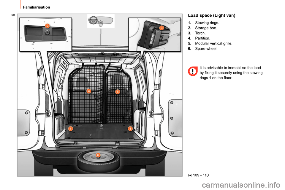 Peugeot Bipper 2014  Owners Manual  8
 Familiarisation 
 
Load space (Light van) 
 
 
 
1. 
 Stowing rings. 
   
2. 
 Storage box. 
   
3. 
 Torch. 
   
4. 
 Partition. 
   
5. 
  Modular vertical grille. 
   
6. 
 Spare wheel.  
  It 