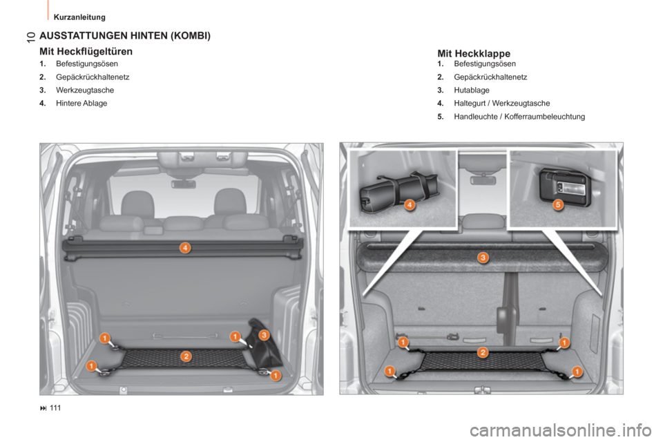 Peugeot Bipper 2014  Betriebsanleitung (in German)  10
 
Kurzanleitung 
 
 
Mit Heckklappe 
 
AUSSTATTUNGEN HINTEN (KOMBI) 
 
 
Mit Heckflügeltüren  
 
 
 
1. 
 Befestigungsösen 
   
2. 
 Gepäckrückhaltenetz 
   
3. 
 Werkzeugtasche 
   
4. 
 Hin
