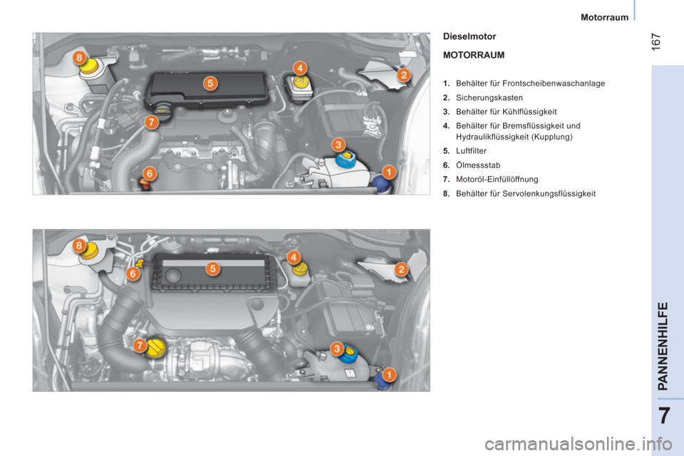 Peugeot Bipper 2014 Betriebsanleitung (in German) 167
7
PANNENHILFE
Motorraum
Dieselmotor
MOTORRAUM
1. Behälter für Frontscheibenwaschanlage
2. Sicherungskasten
3. Behälter für Kühlflüssigkeit
4. Peugeot Bipper 2014 Betriebsanleitung (in German) 167
7
PANNENHILFE
Motorraum
Dieselmotor
MOTORRAUM
1. Behälter für Frontscheibenwaschanlage
2. Sicherungskasten
3. Behälter für Kühlflüssigkeit
4.