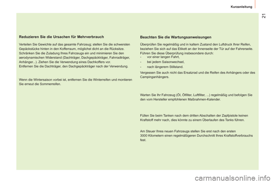 Peugeot Bipper 2014 Betriebsanleitung (in German) 21
Kurzanleitung
Reduzieren Sie die Ursachen für Mehrverbrauch
Verteilen Sie Gewichte auf das gesamte Fahrzeug; stellen Sie die schwersten
Gepäckstücke hinten in den Kofferraum, mögl Peugeot Bipper 2014 Betriebsanleitung (in German) 21
Kurzanleitung
Reduzieren Sie die Ursachen für Mehrverbrauch
Verteilen Sie Gewichte auf das gesamte Fahrzeug; stellen Sie die schwersten
Gepäckstücke hinten in den Kofferraum, mögl