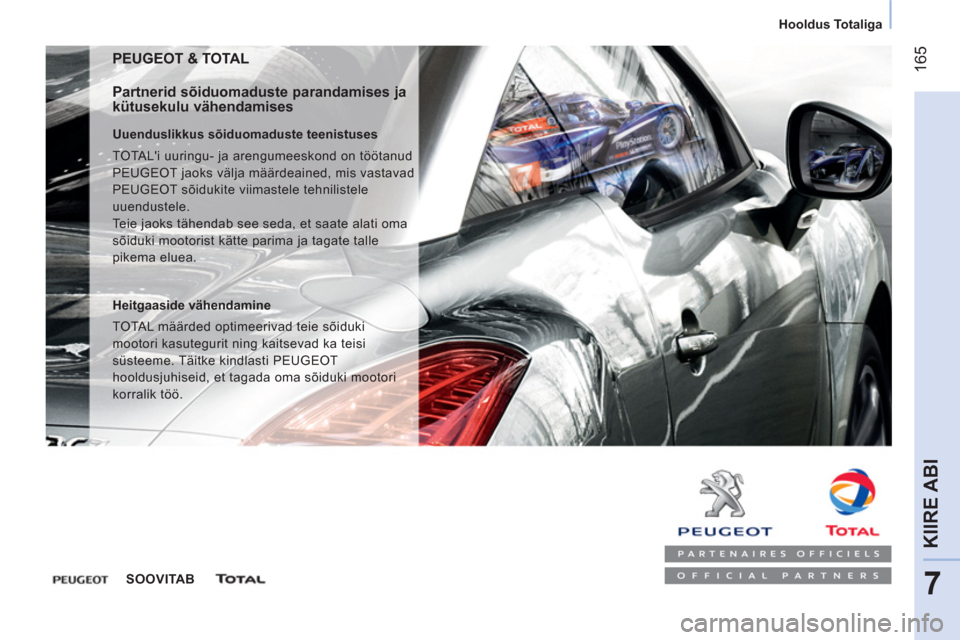 Peugeot Bipper 2014 Omaniku käsiraamat (in Estonian) 165
7
KIIRE ABI
Hooldus Totaliga
PEUGEOT & TOTAL
Partnerid sõiduomaduste parandamises ja
kütusekulu vähendamises
Uuenduslikkus sõiduomaduste teenistuses
TOTALi uuringu- Peugeot Bipper 2014 Omaniku käsiraamat (in Estonian) 165
7
KIIRE ABI
Hooldus Totaliga
PEUGEOT & TOTAL
Partnerid sõiduomaduste parandamises ja
kütusekulu vähendamises
Uuenduslikkus sõiduomaduste teenistuses
TOTALi uuringu-