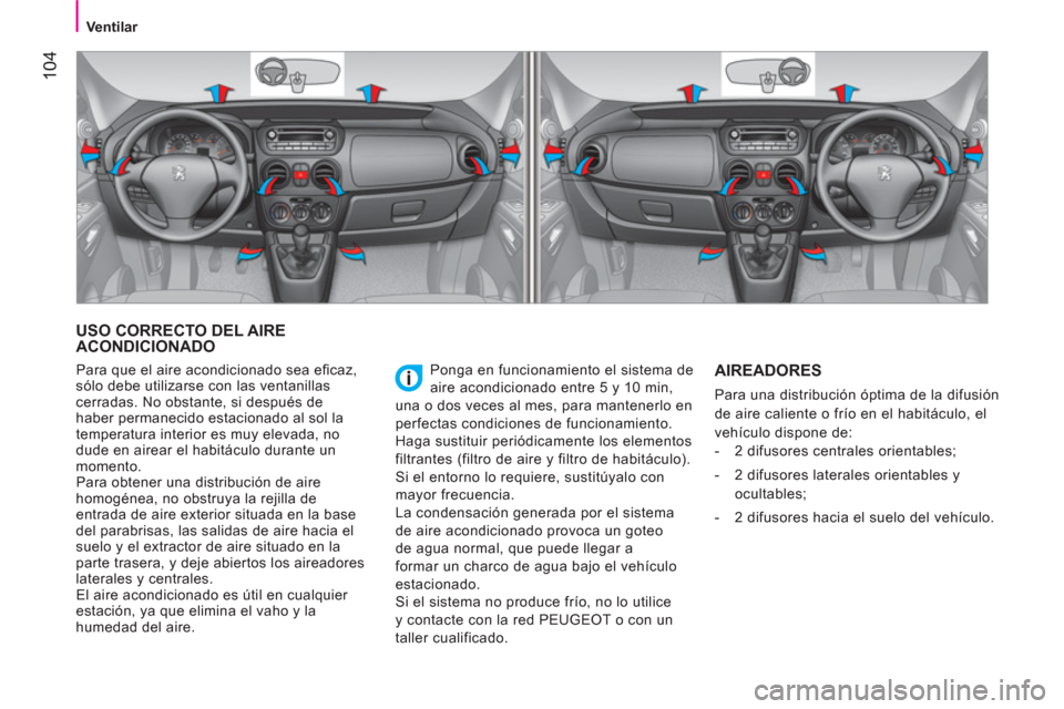 Peugeot Bipper 2014  Manual del propietario (in Spanish)  104
 
 
 
 
 
 
Ventilar  
 
 
 
 
 
USO CORRECTO DEL AIRE 
ACONDICIONADO 
  Ponga en funcionamiento el sistema de 
aire acondicionado entre 5 y 10 min, 
una o dos veces al mes, para mantenerlo en 
p