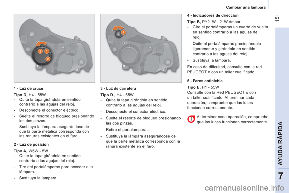 Peugeot Bipper 2014 Manual del propietario (in Spanish) 151
7
AYUDA RÁPIDA
Cambiar una lámpara
1 - Luz de cruce
Tipo D
,
H4 - 55W
- Quite la tapa girándola en sentido
contrario a las agujas del reloj.
- Desconec Peugeot Bipper 2014 Manual del propietario (in Spanish) 151
7
AYUDA RÁPIDA
Cambiar una lámpara
1 - Luz de cruce
Tipo D
,
H4 - 55W
- Quite la tapa girándola en sentido
contrario a las agujas del reloj.
- Desconec