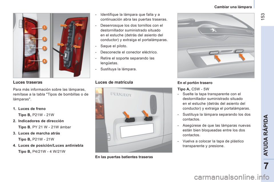 Peugeot Bipper 2014 Manual del propietario (in Spanish) 153
7
AYUDA RÁPIDA
Cambiar una lámpara
Luces traseras
- Identifique la lámpara que falla y a
continuación abra las puertas traseras.
- Desenrosque los dos tornillo Peugeot Bipper 2014 Manual del propietario (in Spanish) 153
7
AYUDA RÁPIDA
Cambiar una lámpara
Luces traseras
- Identifique la lámpara que falla y a
continuación abra las puertas traseras.
- Desenrosque los dos tornillo