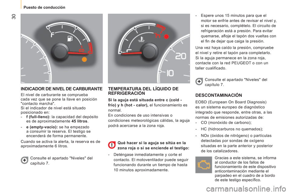 Peugeot Bipper 2014  Manual del propietario (in Spanish)  30
 
 
 
Puesto de conducción  
 
 
INDICADOR DE NIVEL DE CARBURANTE 
 
El nivel de carburante se comprueba 
cada vez que se pone la llave en posición 
"contacto marcha". 
  Si el indicador de nive