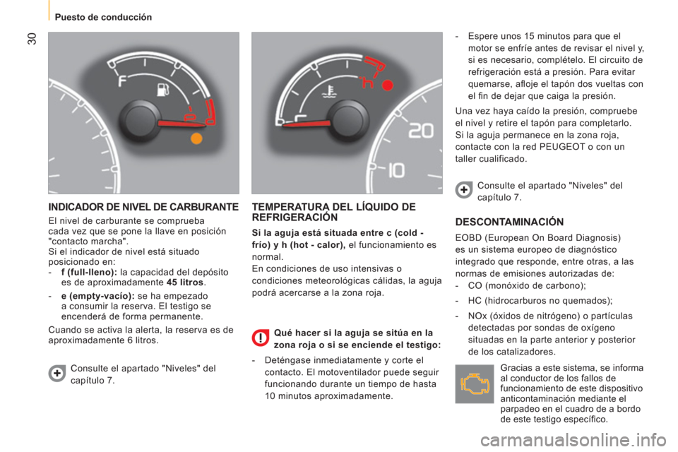 Peugeot Bipper 2014 Manual del propietario (in Spanish) 30
Puesto de conducción
INDICADOR DE NIVEL DE CARBURANTE
El nivel de carburante se comprueba
cada vez que se pone la llave en posición
"contacto marcha".
Si el indicador de nive Peugeot Bipper 2014 Manual del propietario (in Spanish) 30
Puesto de conducción
INDICADOR DE NIVEL DE CARBURANTE
El nivel de carburante se comprueba
cada vez que se pone la llave en posición
"contacto marcha".
Si el indicador de nive