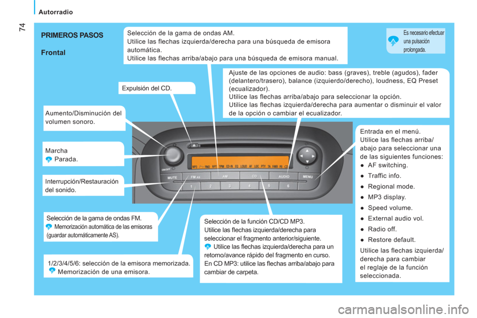 Peugeot Bipper 2014  Manual del propietario (in Spanish)  74
 
 
 
Autorradio  
 
 
Aumento/Disminución del 
volumen sonoro. 
  Marcha 
  Parada. 
  Interrupción/Restauración 
del sonido. 
  Selección de la función CD/CD MP3. 
  Utilice las ﬂ echas i