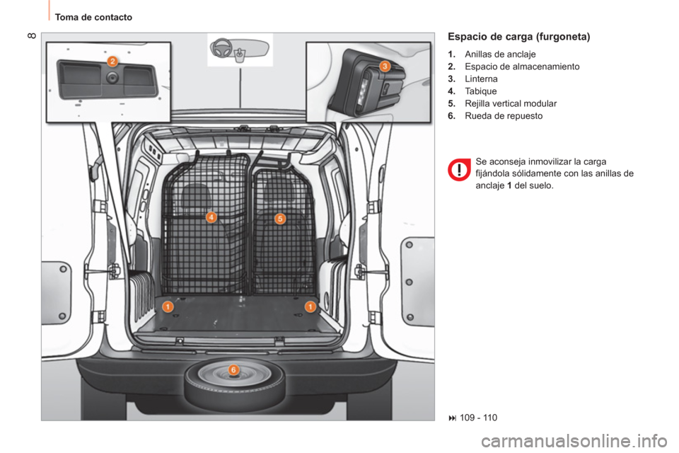 Peugeot Bipper 2014  Manual del propietario (in Spanish)  8
 
Toma de contacto 
 
Espacio de carga (furgoneta) 
 
 
 
1. 
  Anillas de anclaje 
   
2. 
  Espacio de almacenamiento 
   
3. 
 Linterna 
   
4. 
 Tabique 
   
5. 
  Rejilla vertical modular 
   