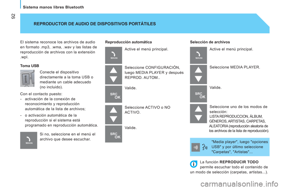 Peugeot Bipper 2014  Manual del propietario (in Spanish)  92
   
Sistema manos libres Bluetooth  
 
El sistema reconoce los archivos de audio 
en formato .mp3, .wma, .wav y las listas de 
reproducción de archivos con la extensión 
.wpl.     
Selección de