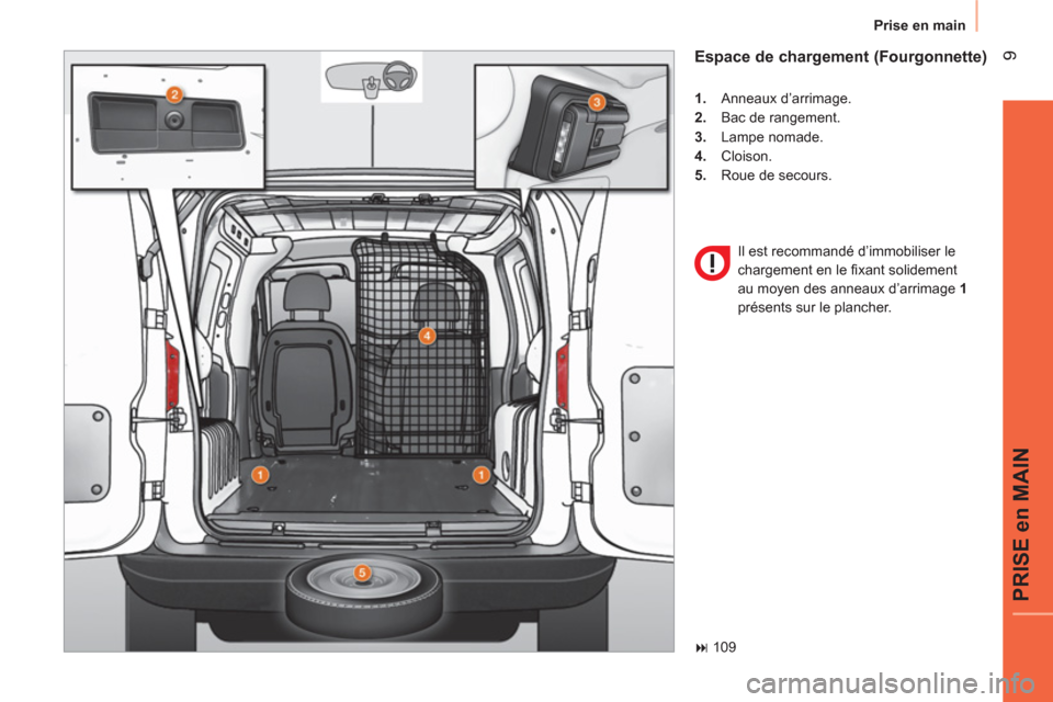 Peugeot Bipper 2014  Manuel du propriétaire (in French)  9
PRISE en MAIN
Prise en main
 
 
Espace de chargement (Fourgonnette) 
 
 
 
1. 
 Anneaux d’arrimage. 
   
2. 
  Bac de rangement. 
   
3. 
 Lampe nomade. 
   
4. 
 Cloison. 
   
5. 
  Roue de seco