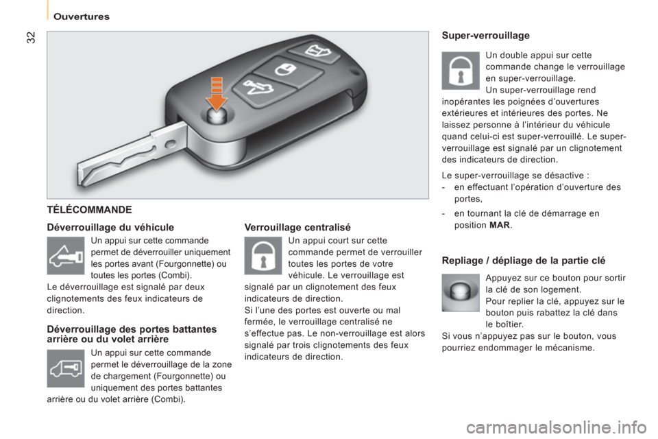 Peugeot Bipper 2014  Manuel du propriétaire (in French)  32
 
 
 
Ouvertures  
 
 
 
Verrouillage centralisé 
   
Repliage / dépliage de la partie clé     
Déverrouillage du véhicule 
   
Déverrouillage des portes battantes 
arrière ou du volet arri