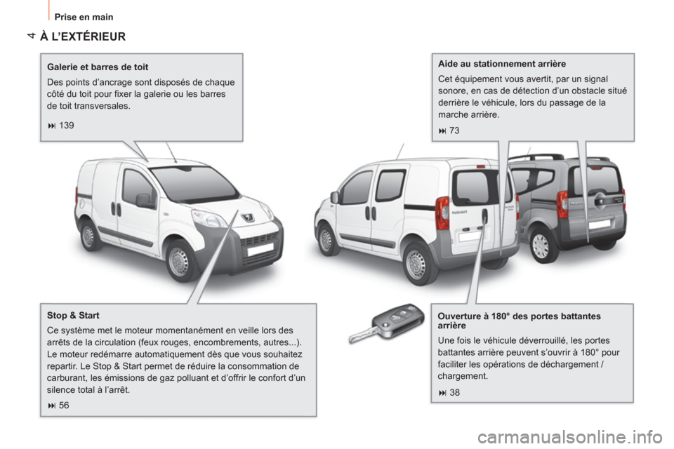 Peugeot Bipper 2014  Manuel du propriétaire (in French)  4
 
Prise en main 
 
À L’EXTÉRIEUR  
 
 
Galerie et barres de toit 
  Des points d’ancrage sont disposés de chaque 
côté du toit pour ﬁ xer la galerie ou les barres 
de toit transversales.