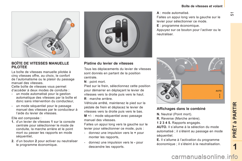 Peugeot Bipper 2014  Manuel du propriétaire (in French)  51
1
PRÊT à PARTIR
Boîte de vitesses et volant
 
BOÎTE DE VITESSES MANUELLE 
PILOTEE 
  La boîte de vitesses manuelle pilotée à 
cinq vitesses offre, au choix, le confort 
de l’automatisme o