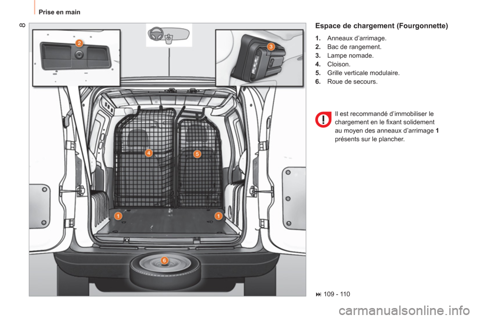 Peugeot Bipper 2014  Manuel du propriétaire (in French)  8
 
Prise en main 
 
Espace de chargement (Fourgonnette) 
 
 
 
1. 
 Anneaux d’arrimage. 
   
2. 
  Bac de rangement. 
   
3. 
 Lampe nomade. 
   
4. 
 Cloison. 
   
5. 
  Grille verticale modulair