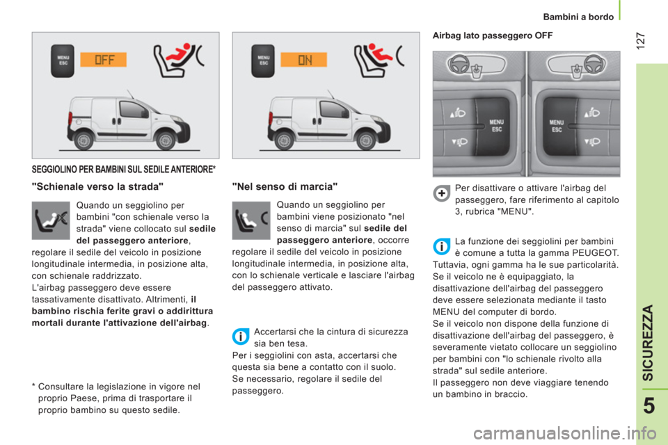 Peugeot Bipper 2014  Manuale del proprietario (in Italian)  127
5
SICUREZZA
 
 
 
Bambini a bordo  
 
 
 
 
 
 
 
 
 
 
SEGGIOLINO PER BAMBINI SUL SEDILE ANTERIORE *  
 
 
"Schienale verso la strada" 
 
 
Quando un seggiolino per 
bambini "con schienale verso