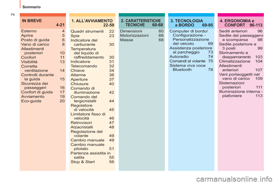 Peugeot Bipper 2014  Manuale del proprietario (in Italian) 2
  Sommario 
2.  CARATTERISTICHE 
TECNICHE 60-684.  ERGONOMIA e 
CONFORT 96-113 IN BREVE
 4-213.  TECNOLOGIA 
a BORDO  69-95 1. ALLAVVIAMENTO
 22-59
Esterno 4
Aprire 5
Posto di guida  6
Vano di cari