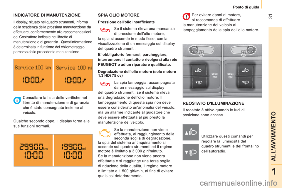Peugeot Bipper 2014  Manuale del proprietario (in Italian)  31
1
ALLAVVIAMENTO
 
 
 
Posto di guida  
 
 
INDICATORE DI MANUTENZIONE  
 
SPIA OLIO MOTORE 
 
REOSTATO DILLUMINAZIONE 
 
Il reostato è attivo quando le luci di 
posizione sono accese.    Consul
