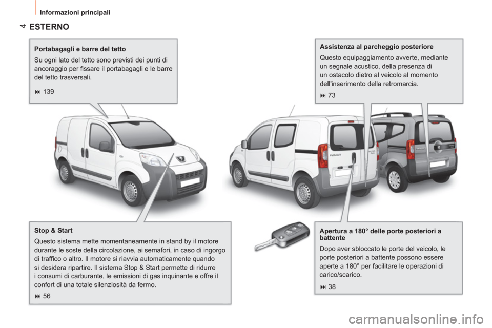 Peugeot Bipper 2014  Manuale del proprietario (in Italian)  4
 
Informazioni principali 
 
ESTERNO  
 
 
Portabagagli e barre del tetto 
  Su ogni lato del tetto sono previsti dei punti di 
ancoraggio per ﬁ ssare il portabagagli e le barre 
del tetto trasve
