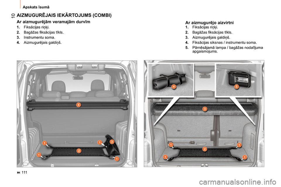 Peugeot Bipper 2014  Īpašnieka rokasgrāmata (in Latvian)  10
 
Apskats īsumā 
 
 
Ar aizmugurējo aizvirtni 
 
AIZMUGURĒJAIS IEKĀRTOJUMS (COMBI) 
 
 
Ar aizmugurējām veramajām durvīm  
 
 
 
1. 
 Fiksācijas riņķi. 
   
2. 
 Bagāžas ﬁ ksācija