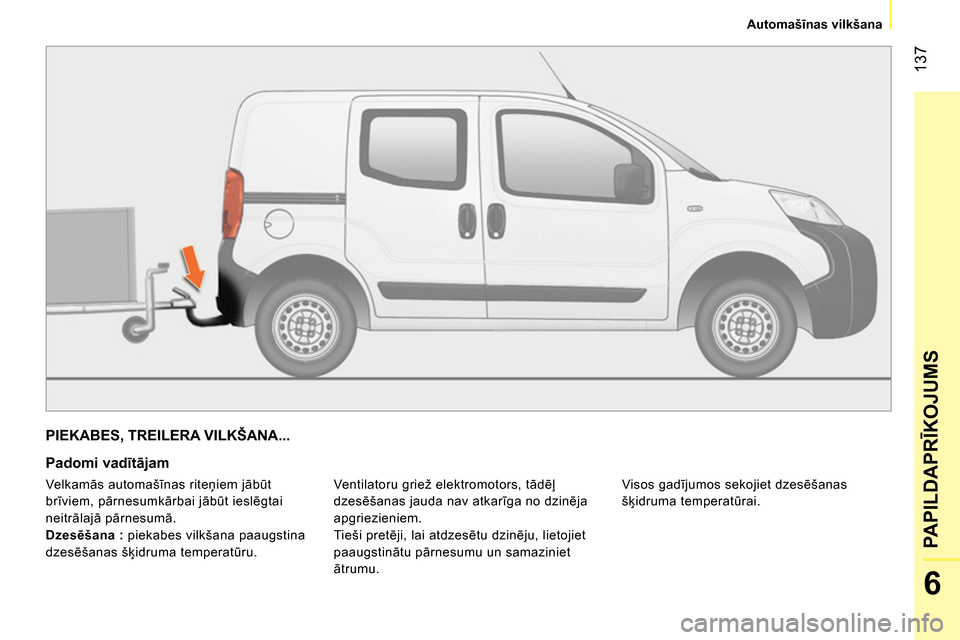 Peugeot Bipper 2014 Īpašnieka rokasgrāmata (in Latvian) 137
6
PAPILDAPRĪKOJUMS
Automašīnas vilkšana
PIEKABES, TREILERA VILKŠANA...
Padomi vadītājam
Ventilatoru griež elektromotors, tādēļ
dzesēšanas jauda nav atkarīga no Peugeot Bipper 2014 Īpašnieka rokasgrāmata (in Latvian) 137
6
PAPILDAPRĪKOJUMS
Automašīnas vilkšana
PIEKABES, TREILERA VILKŠANA...
Padomi vadītājam
Ventilatoru griež elektromotors, tādēļ
dzesēšanas jauda nav atkarīga no