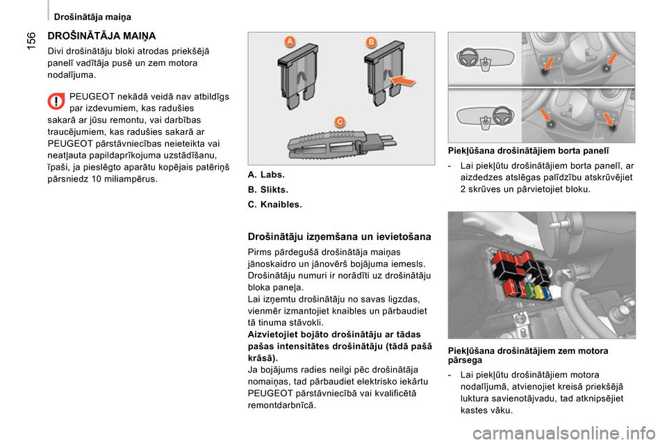 Peugeot Bipper 2014 Īpašnieka rokasgrāmata (in Latvian) 156
Drošinātāja maiņa
DROŠINĀTĀJA MAIŅA
Divi drošinātāju bloki atrodas priekšējā
panelī vadītāja pusē un zem motora
nodalījuma.
Drošinātāju izņemšana un Peugeot Bipper 2014 Īpašnieka rokasgrāmata (in Latvian) 156
Drošinātāja maiņa
DROŠINĀTĀJA MAIŅA
Divi drošinātāju bloki atrodas priekšējā
panelī vadītāja pusē un zem motora
nodalījuma.
Drošinātāju izņemšana un