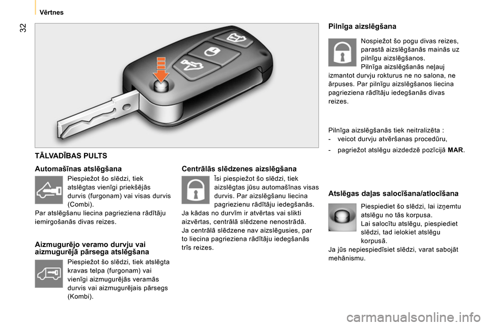 Peugeot Bipper 2014  Īpašnieka rokasgrāmata (in Latvian)  32
 
 
 
Vērtnes  
 
 
 
Centrālās slēdzenes aizslēgšana 
   
Atslēgas daļas salocīšana/atlocīšana     
Automašīnas atslēgšana 
   
Aizmugurējo veramo durvju vai 
aizmugurējā pārs