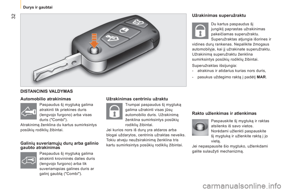 Peugeot Bipper 2014  Savininko vadovas (in Lithuanian)  32
 
 
 
Durys ir gaubtai  
 
 
 
Užrakinimas centriniu užraktu 
   
Rakto užlenkimas ir atlenkimas     
Automobilio atrakinimas 
   
Galinių suveriamųjų durų arba galinio 
gaubto atrakinimas 
